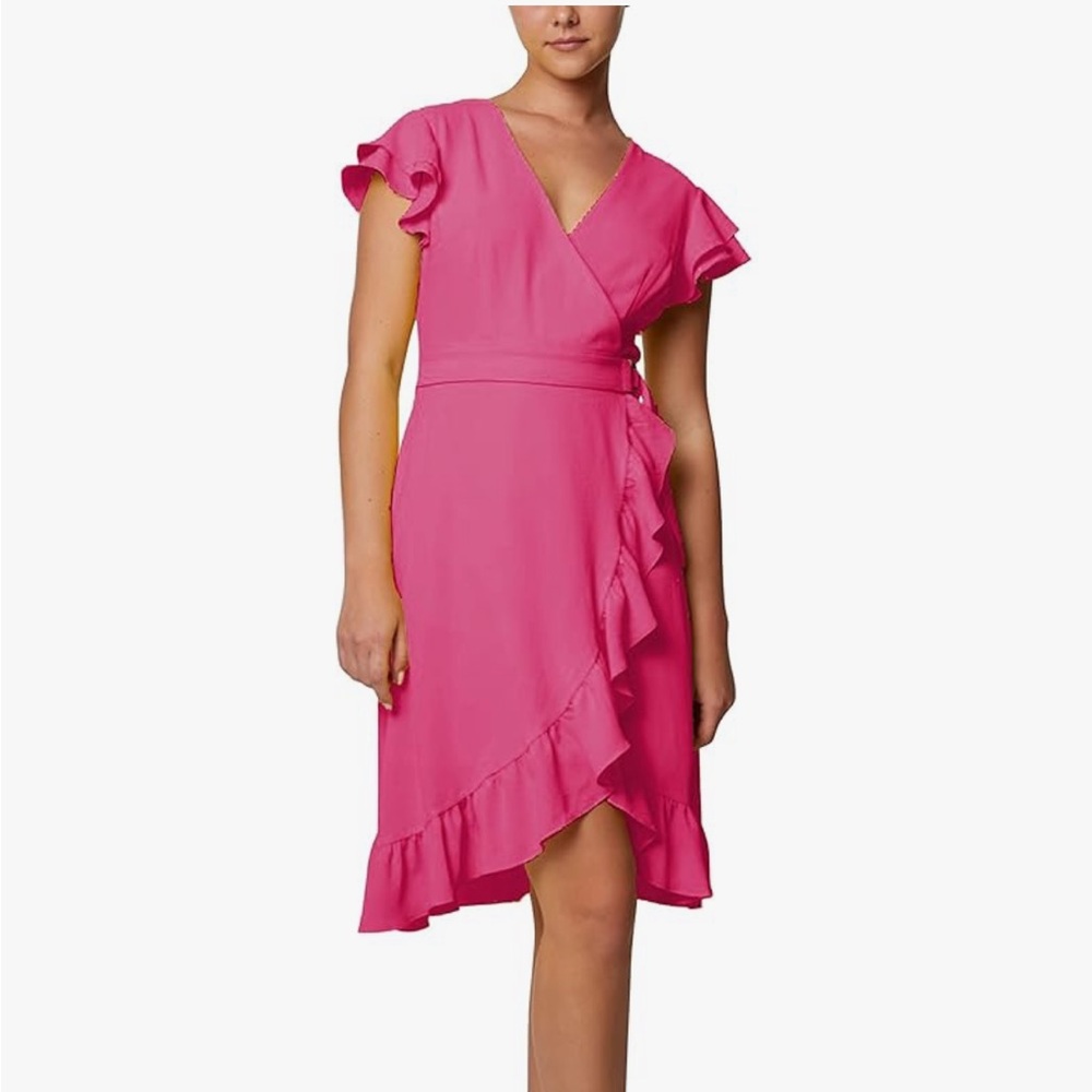 NWT Laundry by Shelli Segal short sleeve asymmetric pink ruffle dress